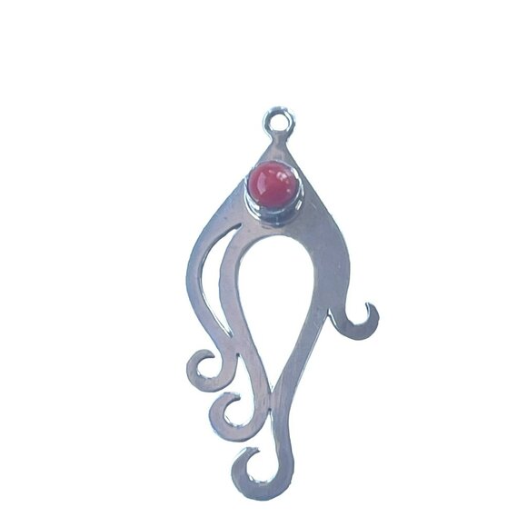 Handmade Silver Bird Pendant with Red Jasper Gemstone Accent Vintage Jewelry - Picture 6 of 6